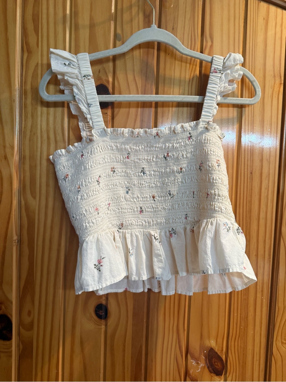 American Eagle Outfitters Cream Smocked Ruffle Tank Top